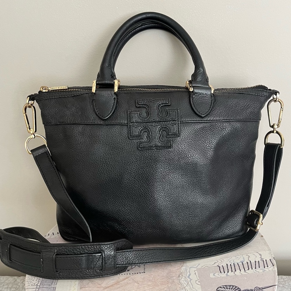 Tory Burch Black Pebbled Leather Purse with Double Handle and Crossbody Strap